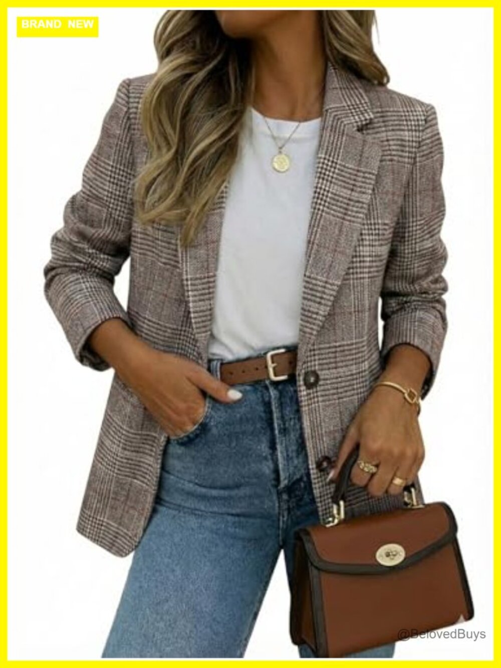 Women's Oversized Plaid Houndstooth Blazer Lightweight Lined Jacket